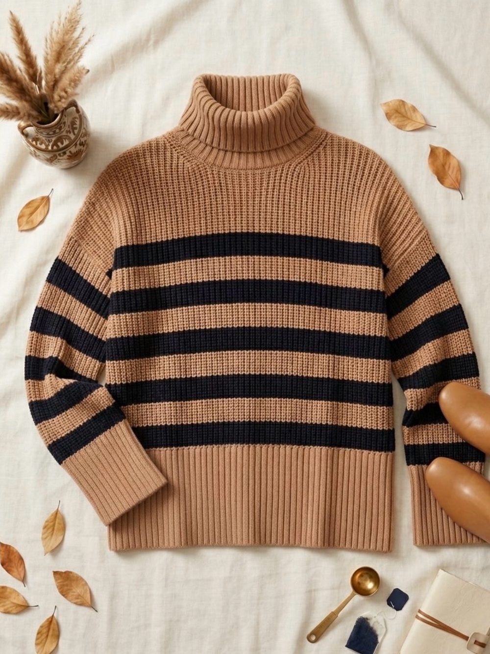 Quince Women 100% Organic Cotton Split Hem Turtleneck Sweater Beige/Black M Fall